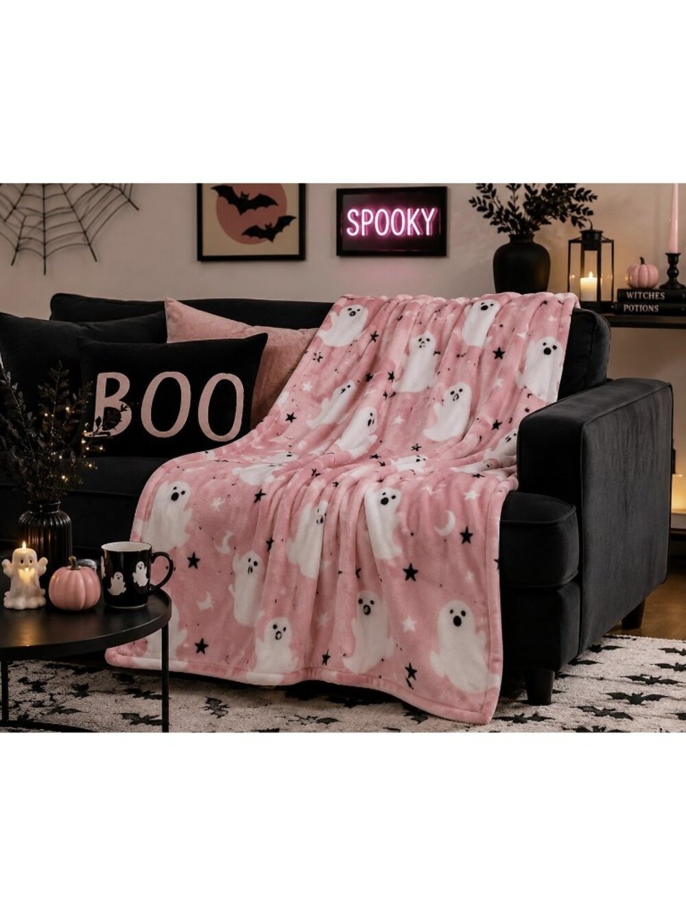 Pink Halloween Ghost Lounge Throw Blanket 60x70 New Members Mark Soft Plush